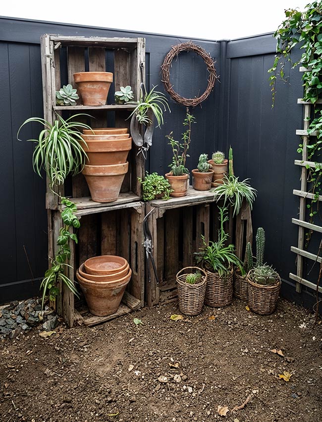 Crate-Stacked Vignette for a Shady Corner Garden