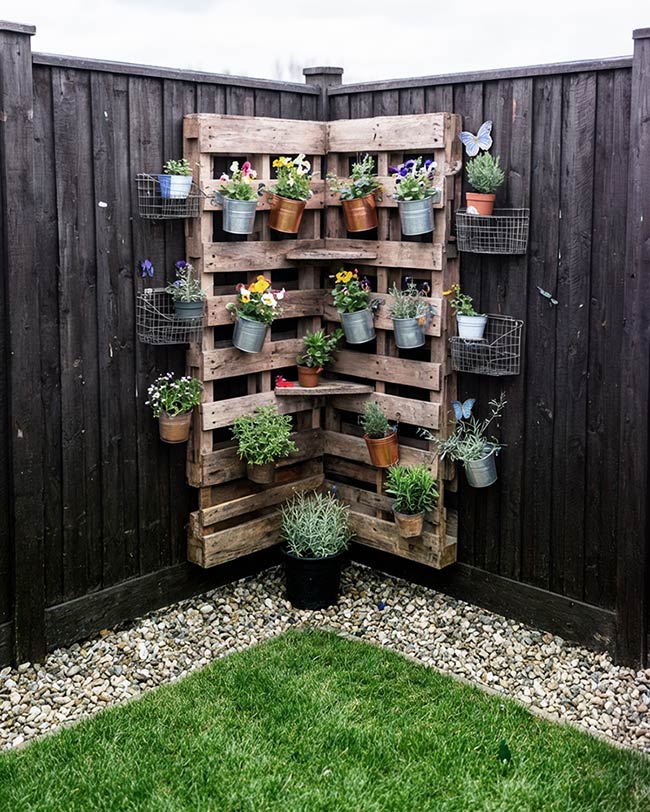 Vertical Pallet Pockets for a Corner Garden