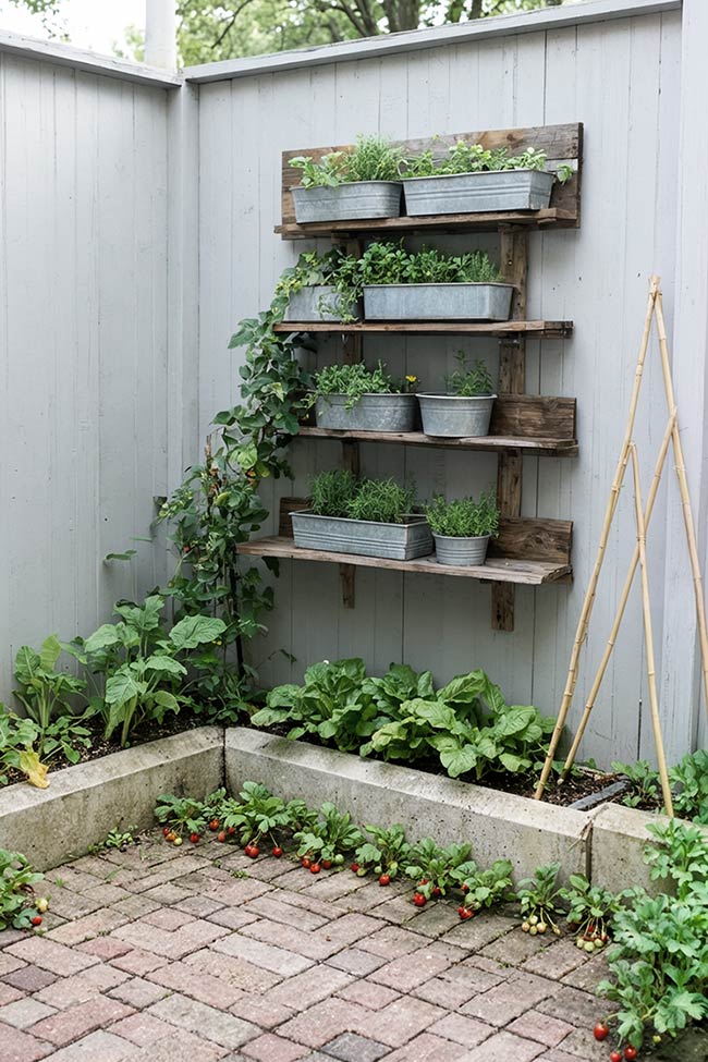 Galvanized Trough Shelving in a Small Corner Garden