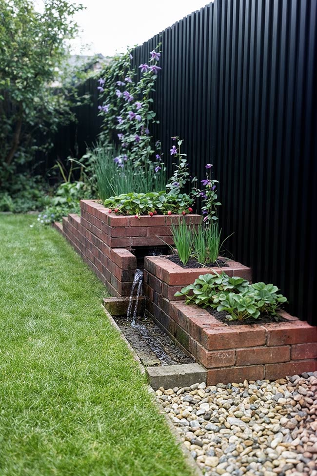 Tiered Brick Water Spillway in a Corner Garden