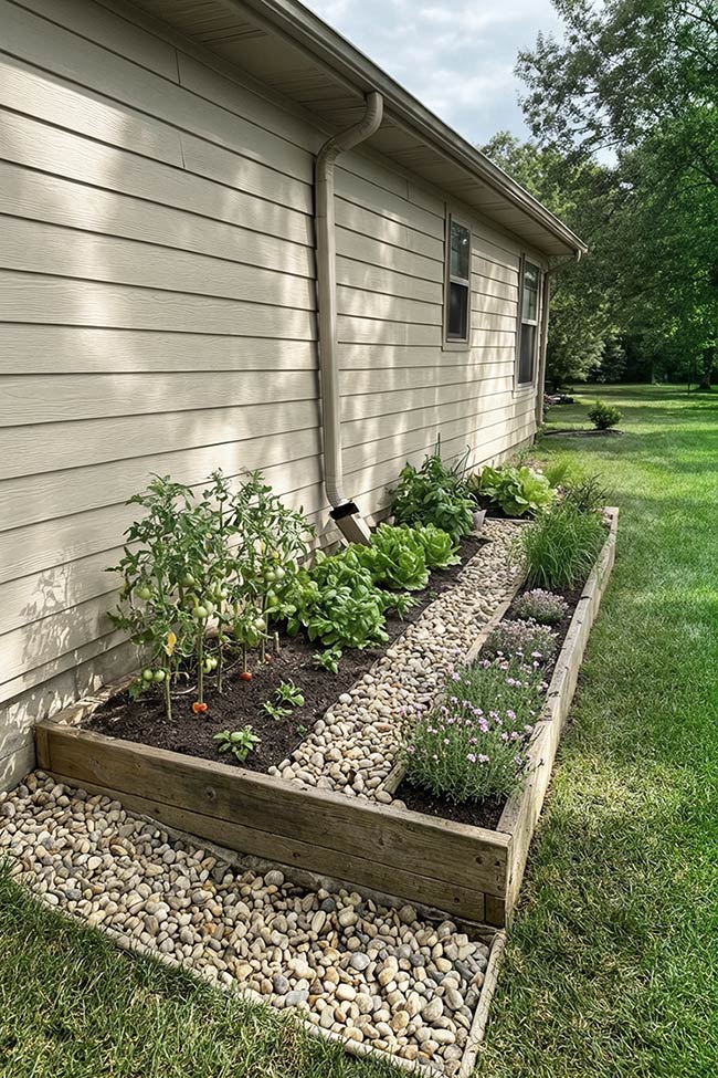 House-Side Gravel Path for an Edible Corner Garden