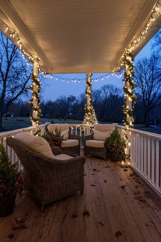 A Magical Evening Glow with Twinkle Lights on the Front Door Porch