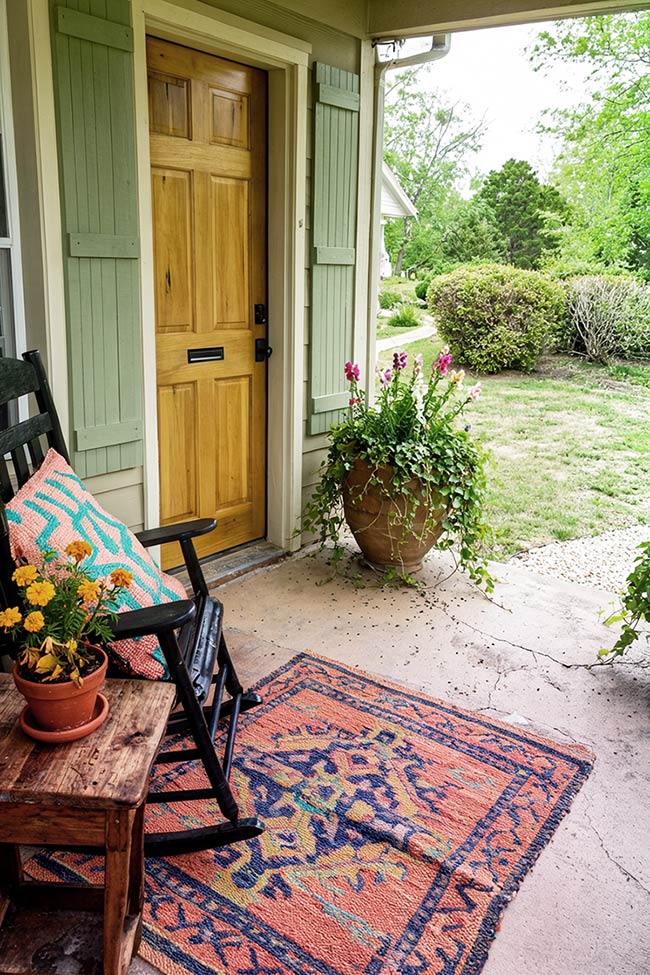 Vibrant Patterns and Soft Green Shutters Framing the Front Porch