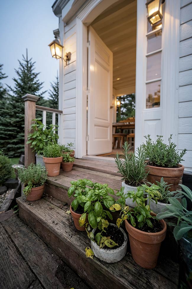 A Fragrant Welcome with Potted Kitchen Herbs on the Front Door Porch