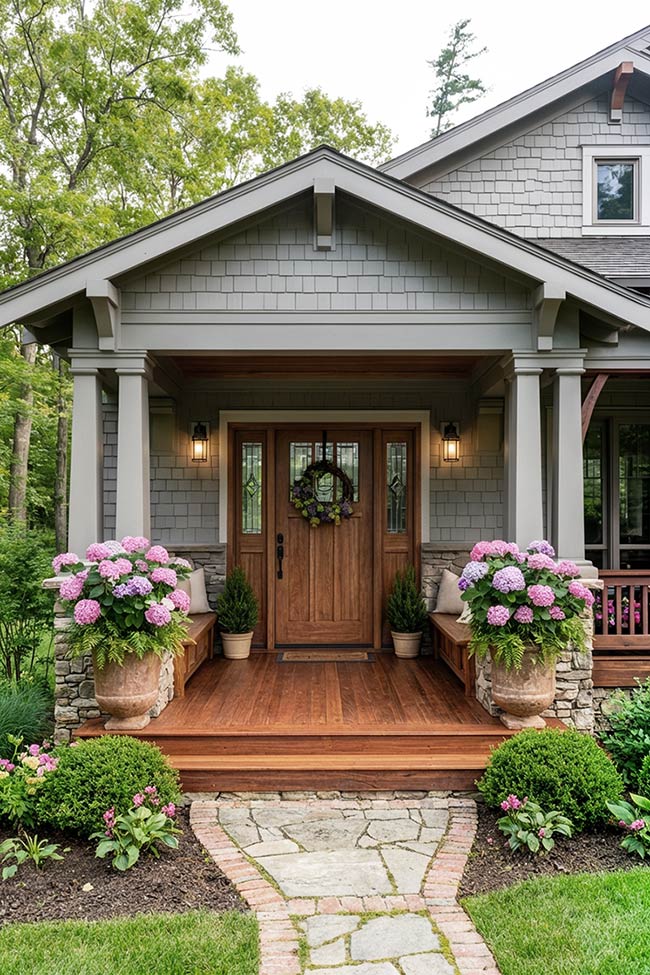 A Grand Stone and Hydrangea Porch Idea