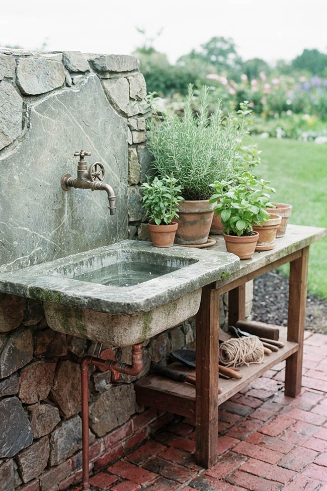 Rustic Stone Wall Garden Sink Station