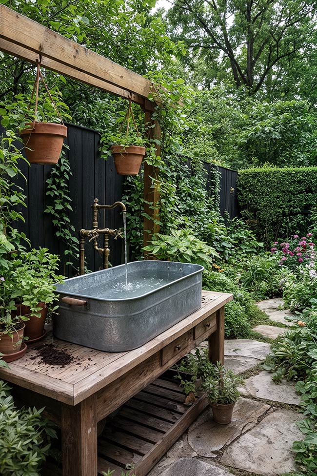 Galvanized Tub Garden Sink with Wooden Trellis