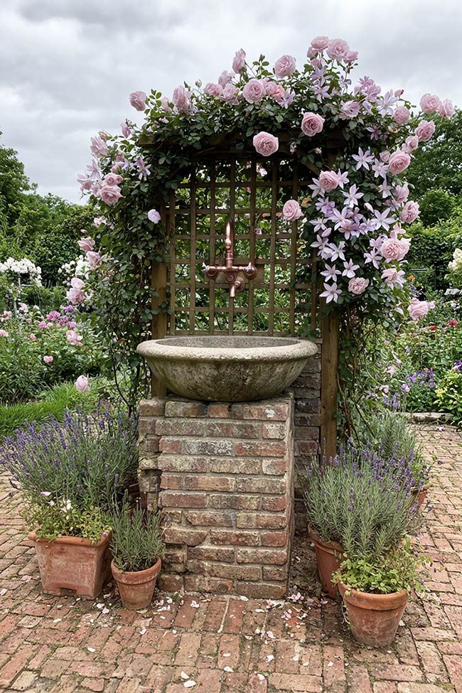 Rose-Covered Brick Pedestal Garden Sink