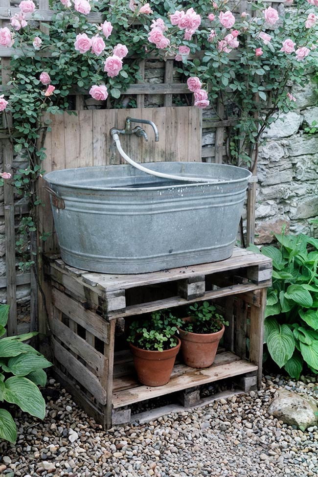 Climbing Rose Garden Sink on a Pallet Bench