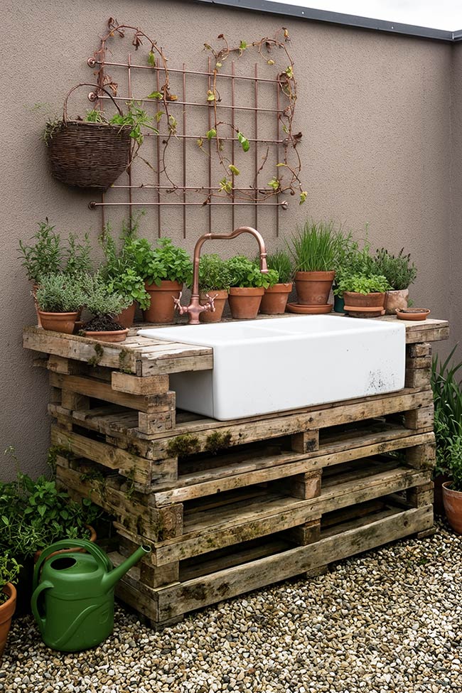Farmhouse Pallet Stand Garden Sink for Herbs