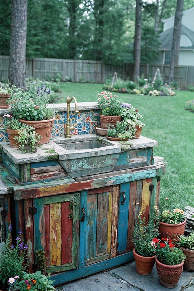 Colorful Reclaimed Wood Garden Sink Cabinet