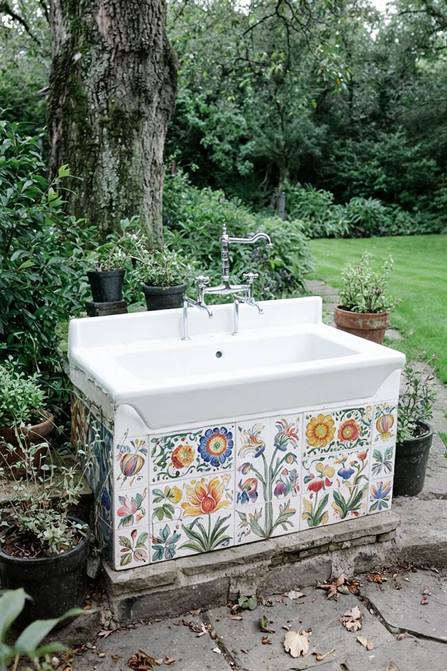 Floral Tiles Meet a Classic White Garden Sink