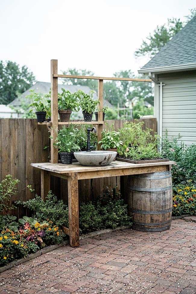 Whiskey Barrel and Stone Bowl Garden Sink