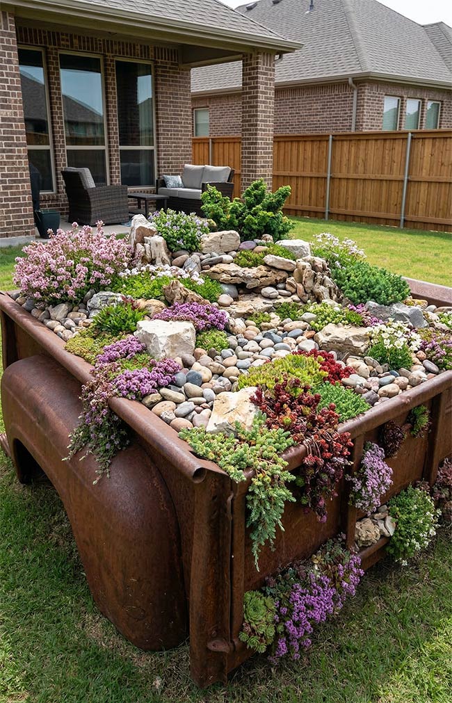 Rustic Upcycled Pickup Truck Rockery