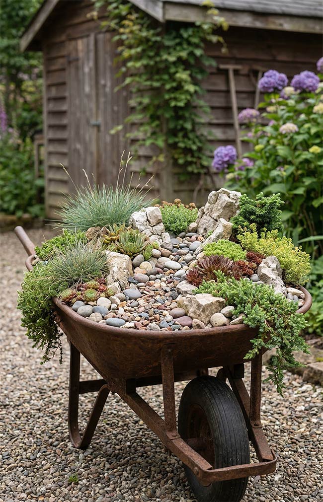 Vintage Wheelbarrow Hillside Rockery