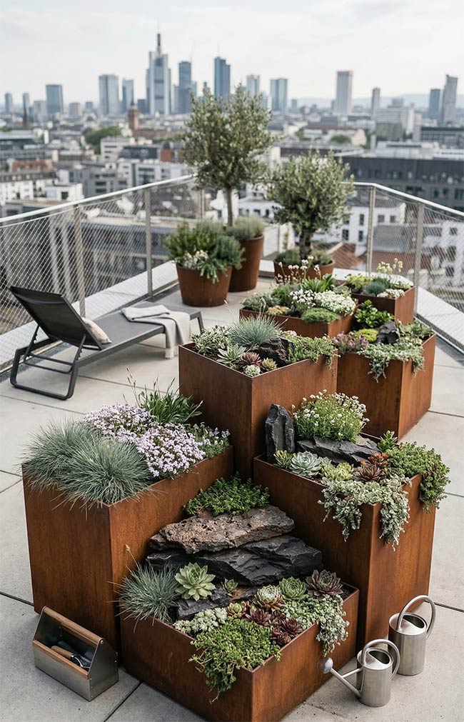 Geometric Corten Steel Rooftop Tiers