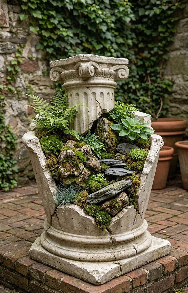 Classical Ruins Moss & Stone Pillar