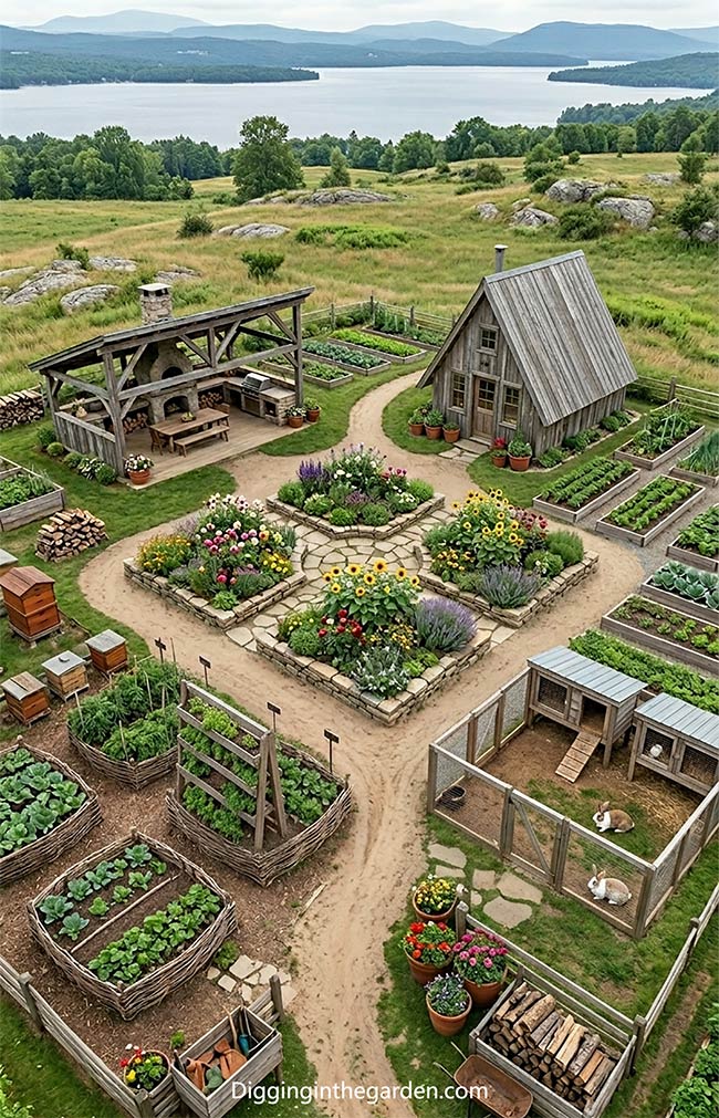 Rustic Courtyard with Outdoor Pizza Oven & Rabbit Hutch