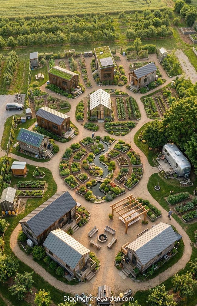 Eco-Village Tiny House Circle with Central Pond