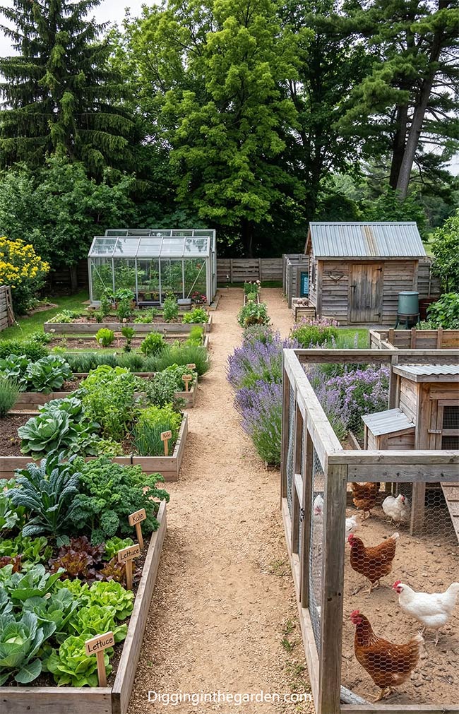 Gravel Path Vegetable Oasis with Greenhouse Vista