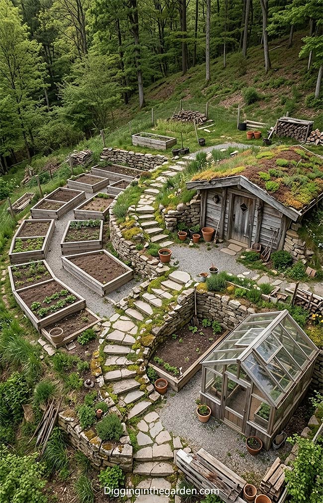 Terraced Hillside Retreat with Glass Greenhouse