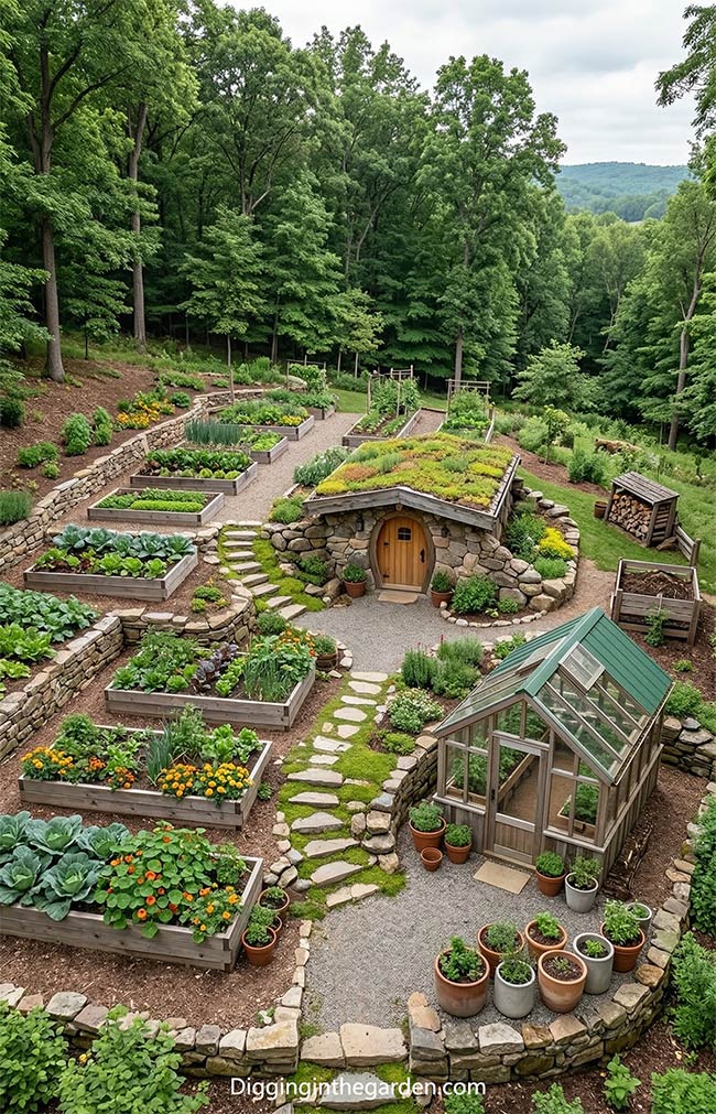 Underground Root Cellar with Hillside Terrace Harvest