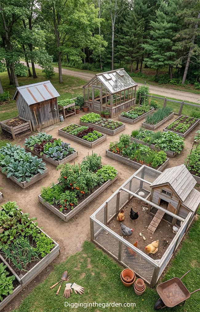 Clean-Line Wooden Bed Layout with Chicken Coop