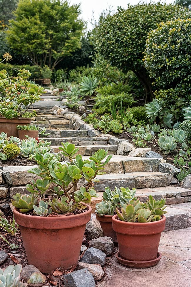Terracotta Succulents Climbing a Hillside Rock Garden
