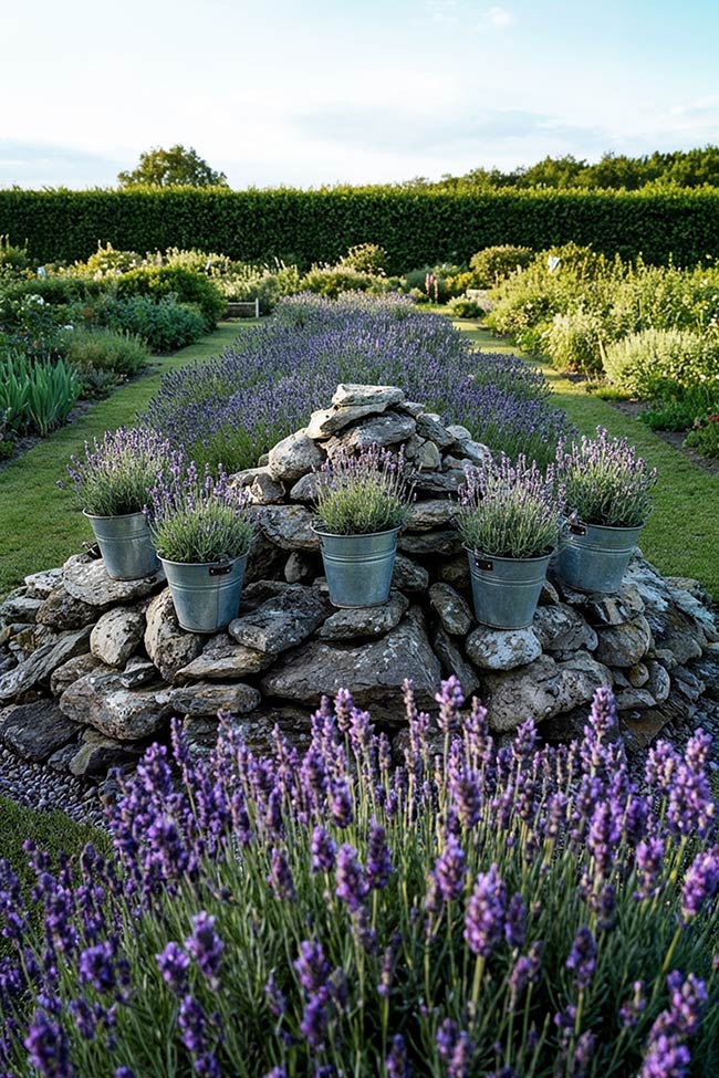 Galvanized Lavender Buckets on a Stone Cairn Centerpiece