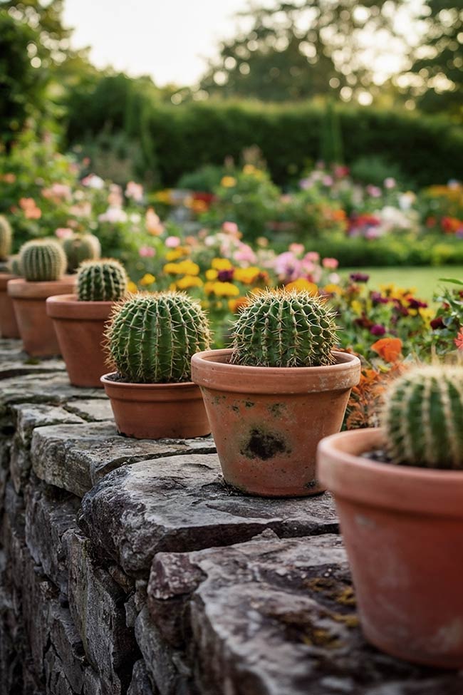 Classic Cactus Lineup atop a Rock Garden Wall
