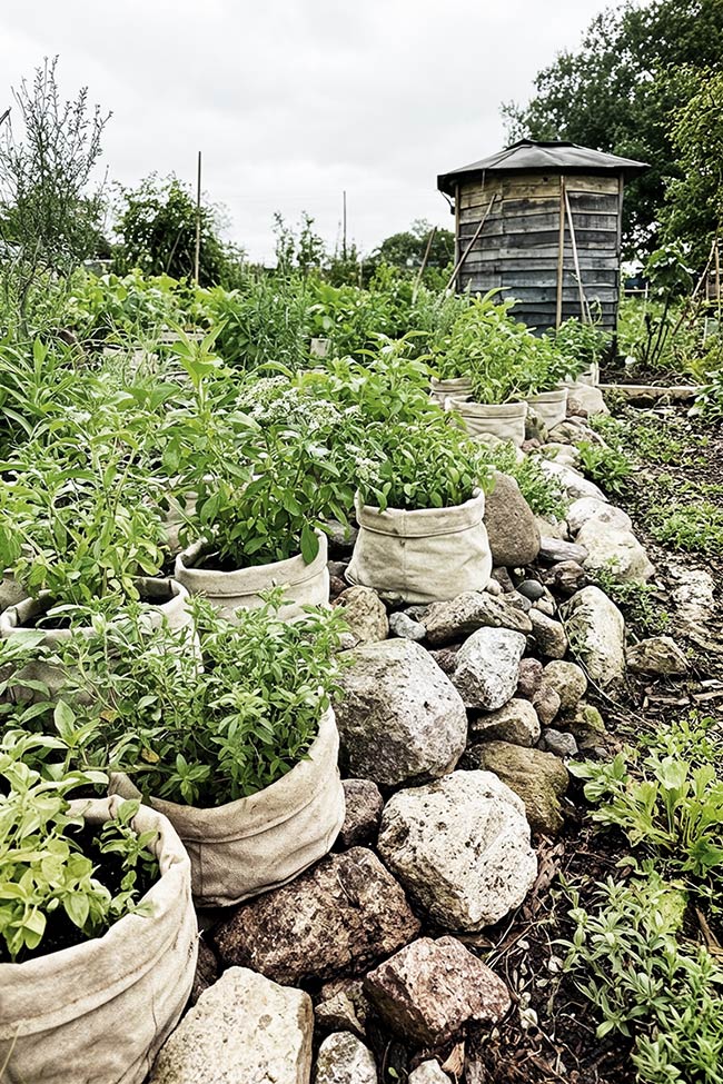 Canvas Herb Pouches Tucked into a Boulder Rock Garden