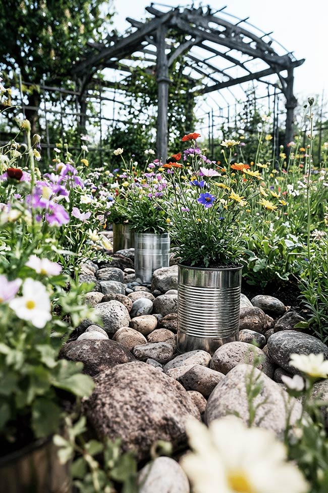 Recycled Tin Can Planters for a Wildflower Rock Garden Path