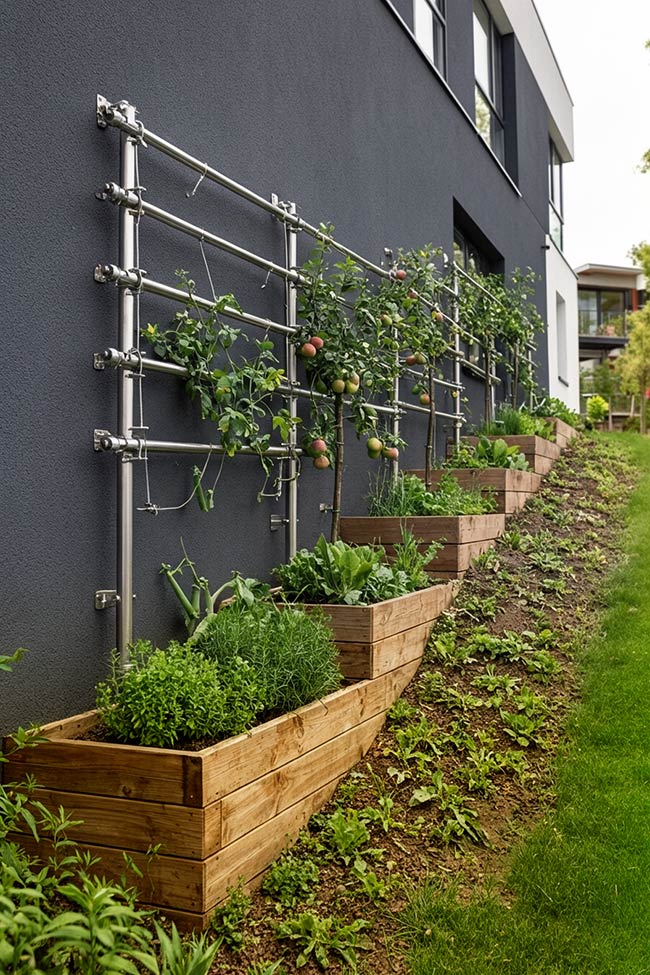 Architectural Steel Trellis & Tiered Wood Beds