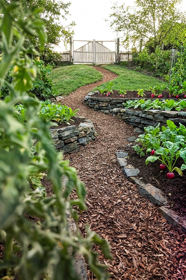 Winding Mulch Path & Stone Retaining Vegetable Garden