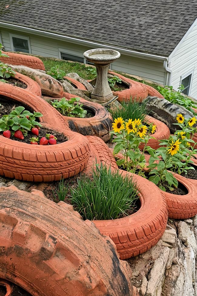Sustainable Upcycled Tire Planters on a Hillside