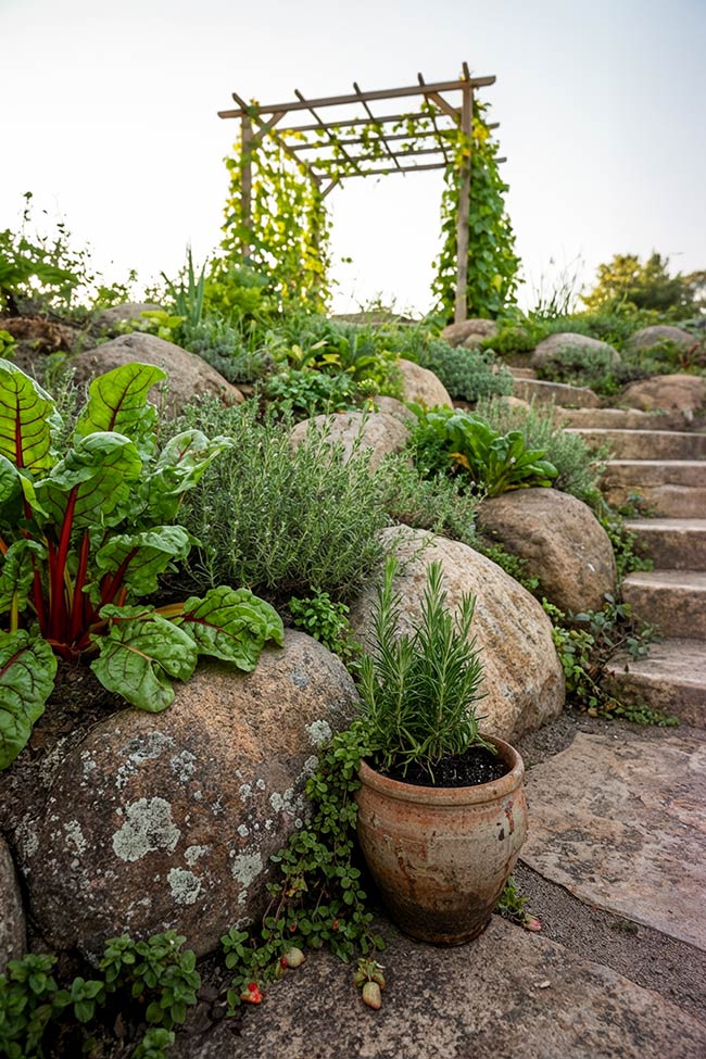 Natural Boulder Wall & Rustic Hillside Arbor