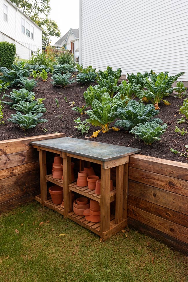 Integrated Wood Potting Station & Tiered Beds