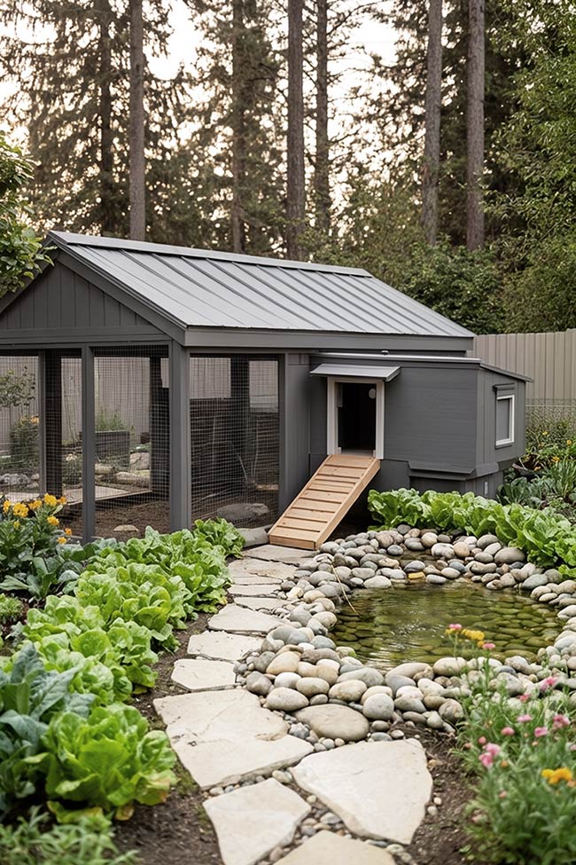 Lettuce and Water Features in a Sleek Chicken Coop