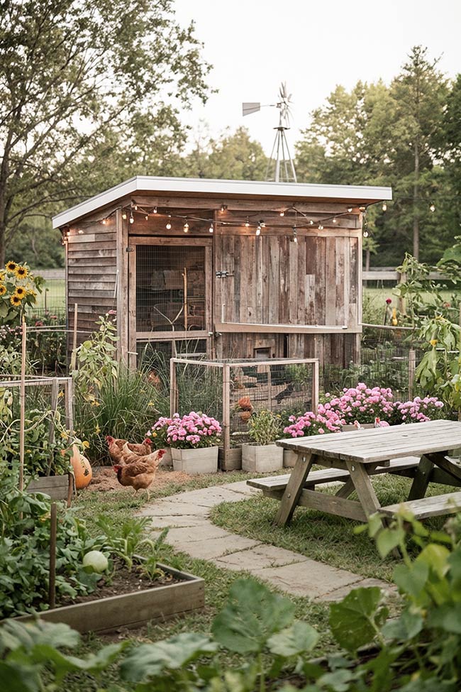 String Lights and Rustic Wood for an Evening Chicken Coop