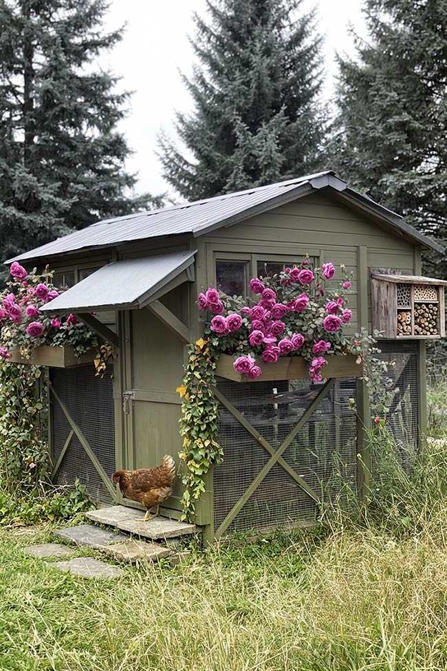 Sage Green Coop with Climbing Roses and a Pollinator Garden