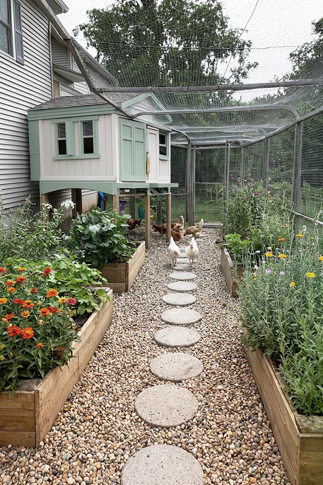 Round Stepping Stones Leading to a Secret Chicken Coop Garden