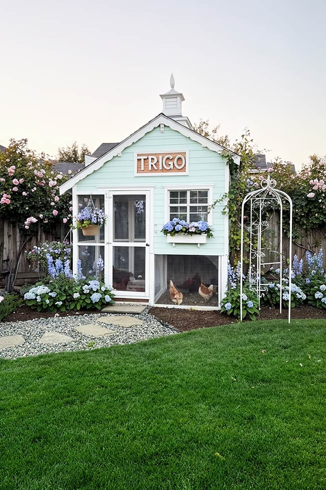 Hydrangea Bliss in a Mint-Colored Chicken Coop Garden