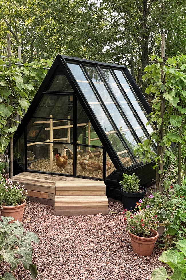 A-Frame Greenhouse Style for a Contemporary Chicken Coop Garden