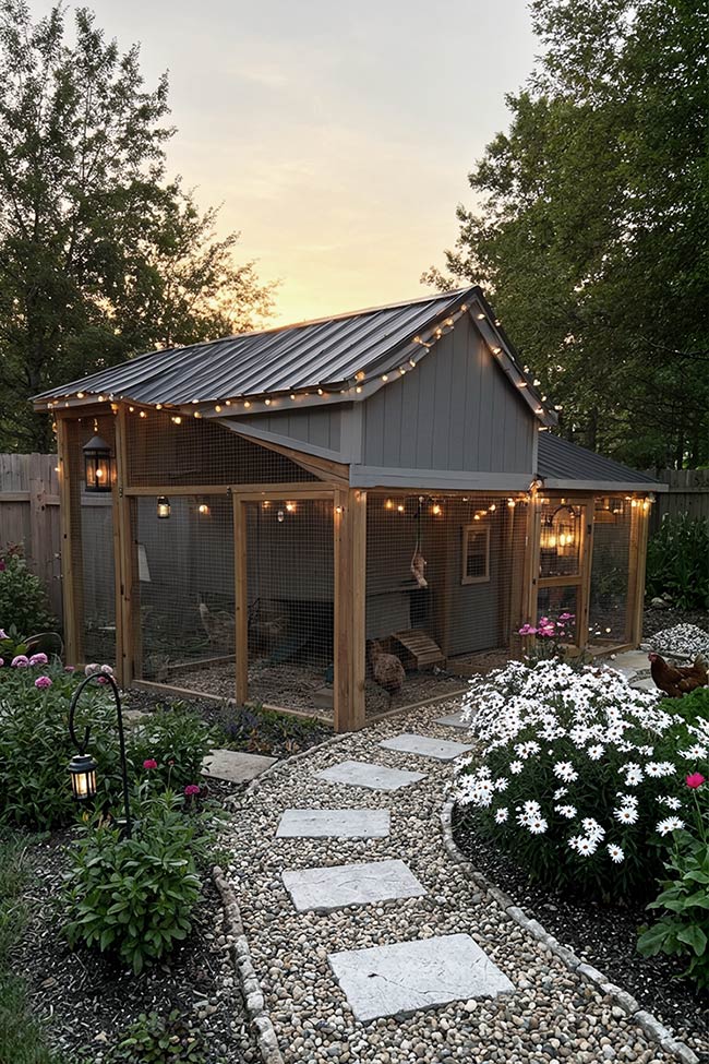 Dusk Magic: String Lights Over a Gravel Chicken Coop Garden