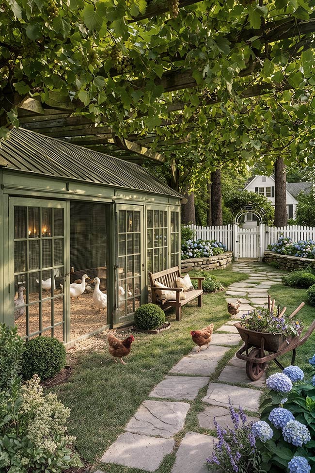 Under the Pergola: A Shady Vine-Covered Chicken Coop Garden