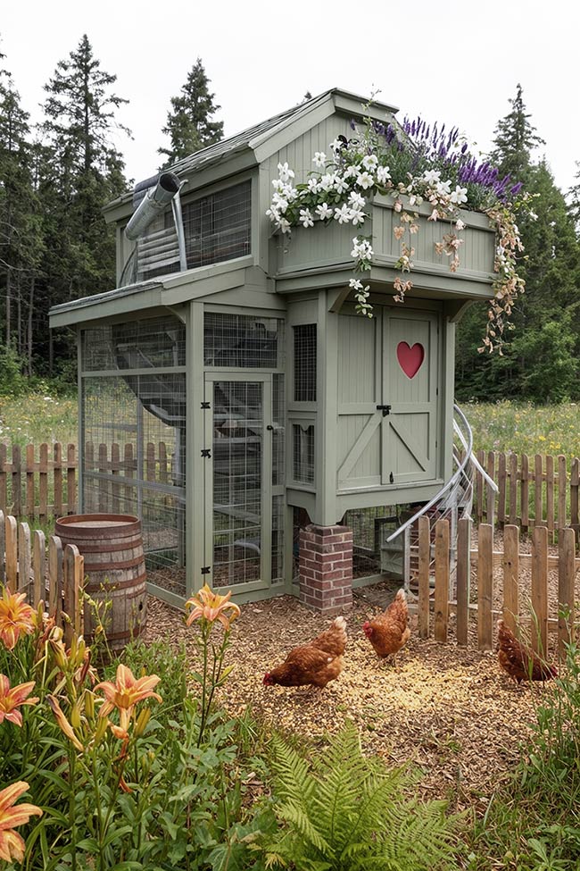 Meadow Sanctuary: A Tall Heart-Detail Chicken Coop Garden