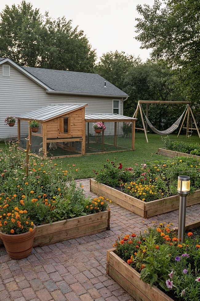 Raised Bed Harmony in a Family Chicken Coop Backyard