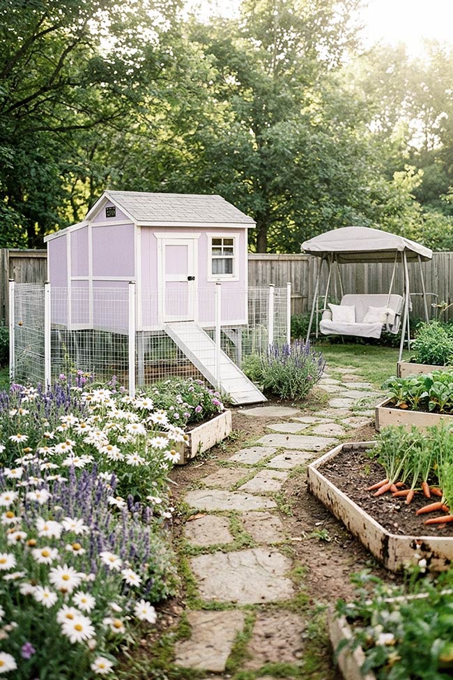 Whimsical Purple Chicken Coop Nook with Harvest Views
